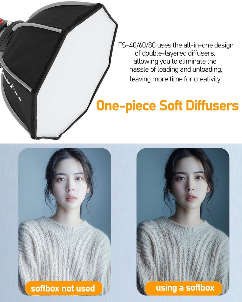 AMBITFUL 60cm/ 24inch Softbox Bowens Mount, Quick Release Octagonal Softbox with Diffusers/Honeycomb Grid/Bag, Photography softbox Compatible with Godox Aputure Video Studio Light (FS60) - Image 3